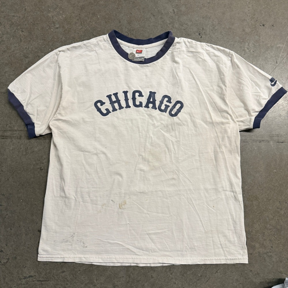 Vintage Nike Team Chicago Ringer T-Shirt Mens XL White Navy Blue 90s Sportswear